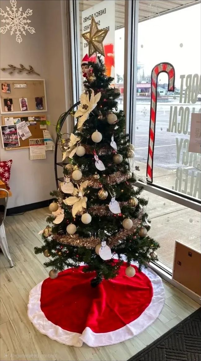 A decorated Miracle Tree with a red tree skirt standing inside a local business